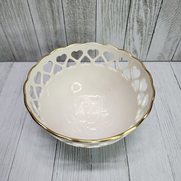 Lenox Heart Collection Bowl with Heart Cut Out and Gold Trim Embossed Rose - Picture 4 of 8